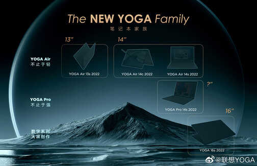 联想 2022 款 YOGA 笔记本将包括 5 款产品，13-16 英寸