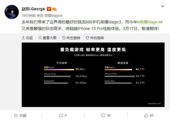 性能遥遥领先于iPhone 13 Pro？赵明直言荣耀Magci4性能体验会更好