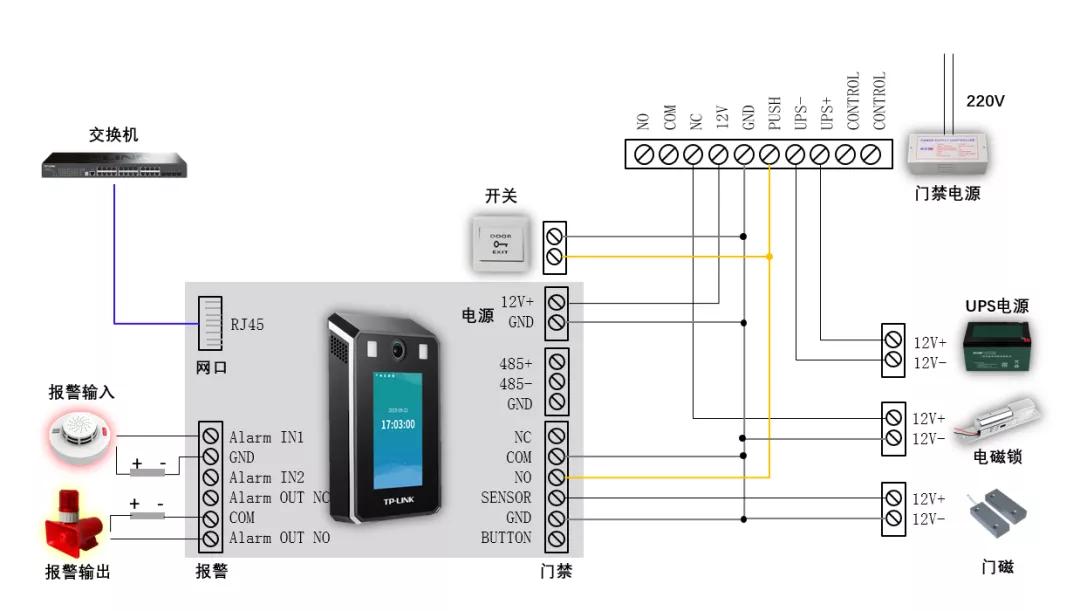 考勤门禁一体机连接电锁、电源的方法
