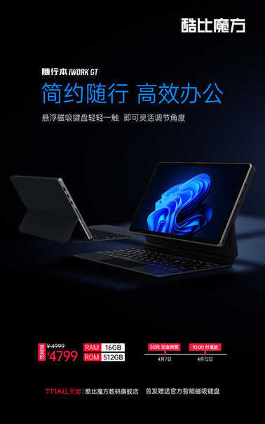 酷比魔方推出新款 iWork GT 二合一平板：i5-1135G7 + 16GB 内存
