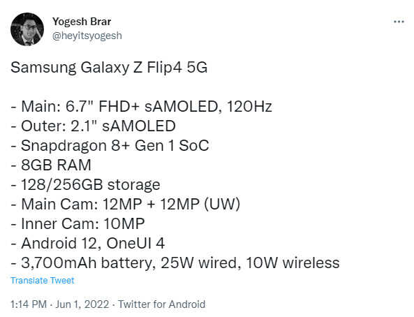 三星 Galaxy Z Flip4 翻盖折叠手机配置全曝光:骁龙8+处理器