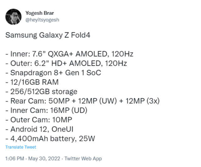 Galaxy Z Fold4全配置曝光！影像、续航全方面升级