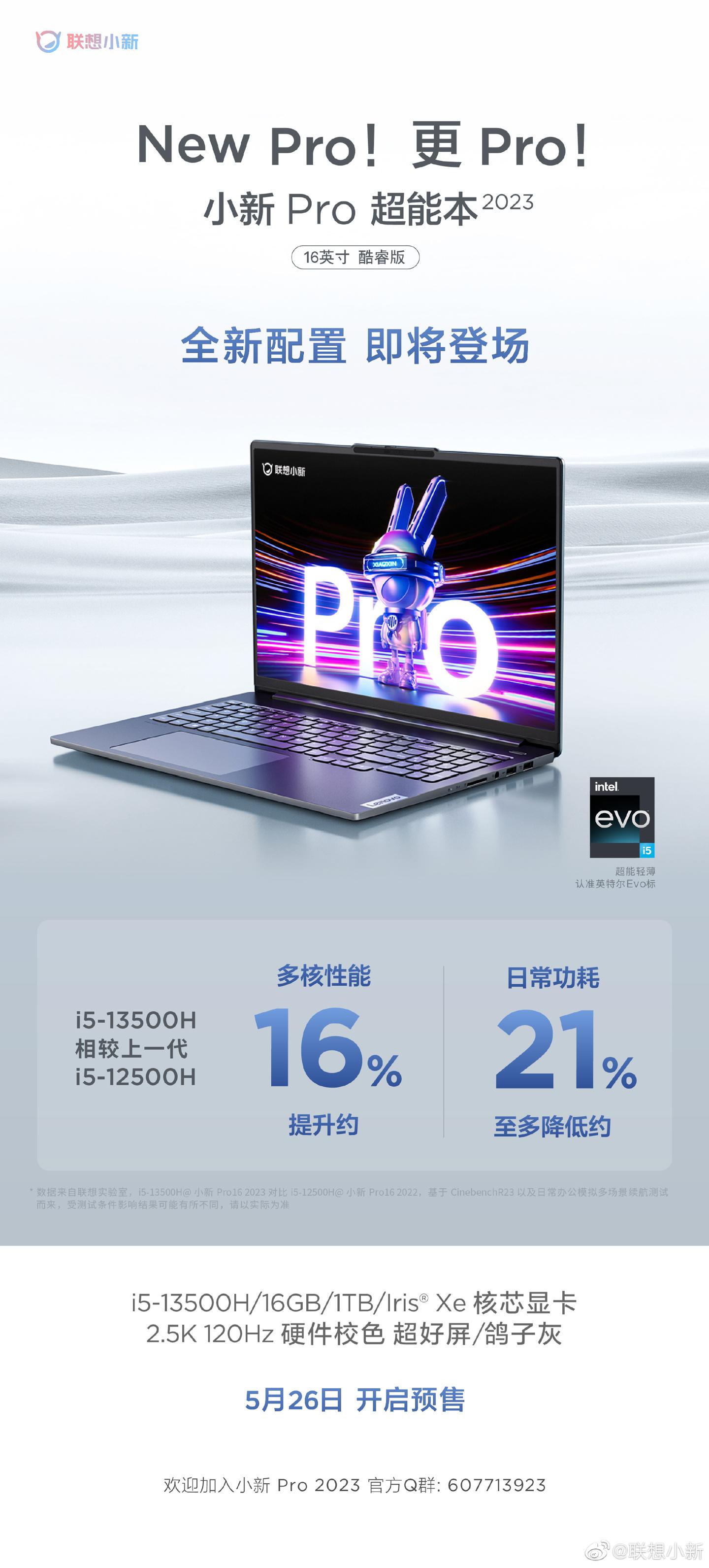 联想推出小新Pro 16 2023笔记本新配置：i5-13500H核显