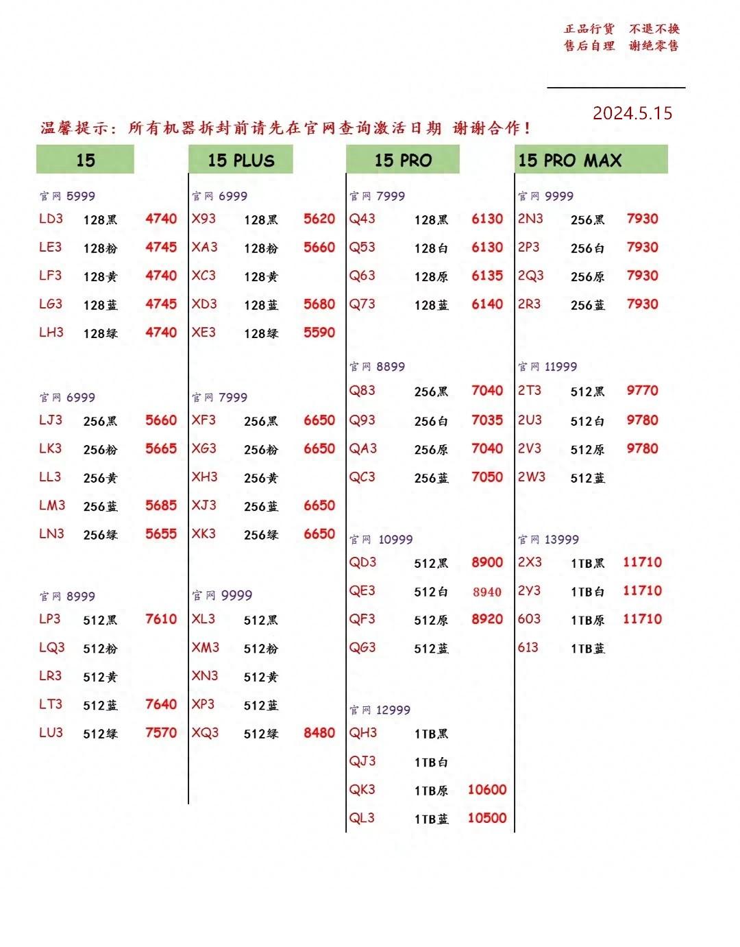 2024年5月15日深圳市华强北手机报价单